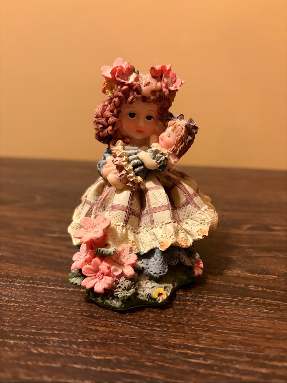 Pink Floral Girl Figurine Holding Doll – Decorative Resin Accent